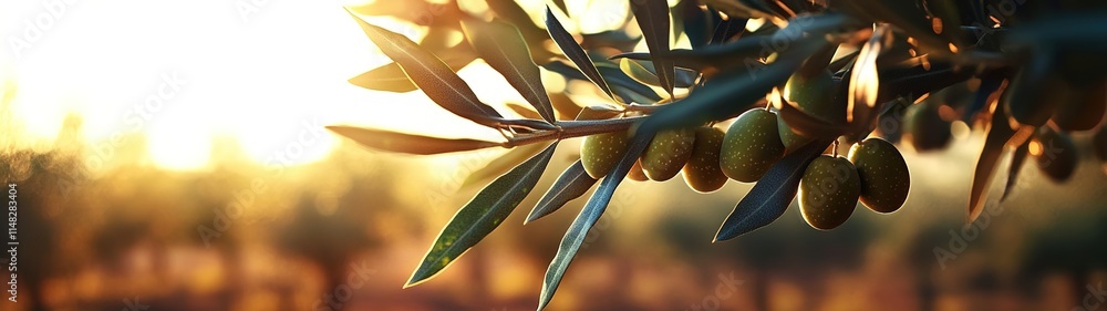 Obraz premium A close-up of an olive tree branch with ripe olives, set against the backdrop of an expansive olive plantation during sunset. 