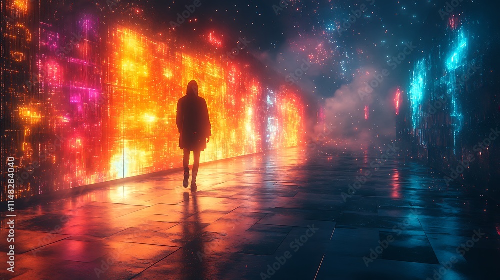 A lone figure walks a neon digital city street A lone figure walks a neon digital city street