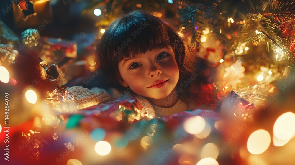 A young girl enjoying the magic of Christmas lights and gifts under the tree, filled with joy and wonder in her eyes. A young girl enjoying the magic of Christmas lights and gifts under the tree, filled with joy and wonder in her eyes.