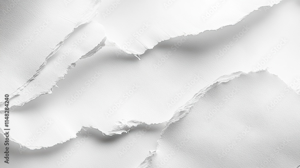 Close-up of Torn White Paper Edges with Soft Shadows and Texture Details, Cotton Paper Close-up of Torn White Paper Edges with Soft Shadows and Texture Details, Cotton Paper