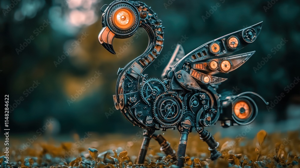 Fototapeta premium Steampunk flamingo robot sculpture in nature.
