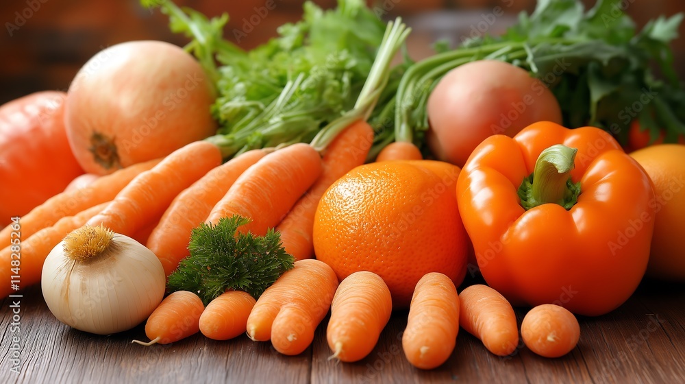 Fresh orange vegetables with parsley on a table Fresh orange vegetables with parsley on a table