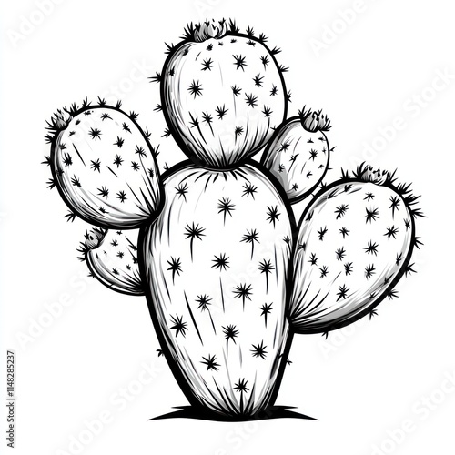 Black and white prickly pear cactus illustration. photo
