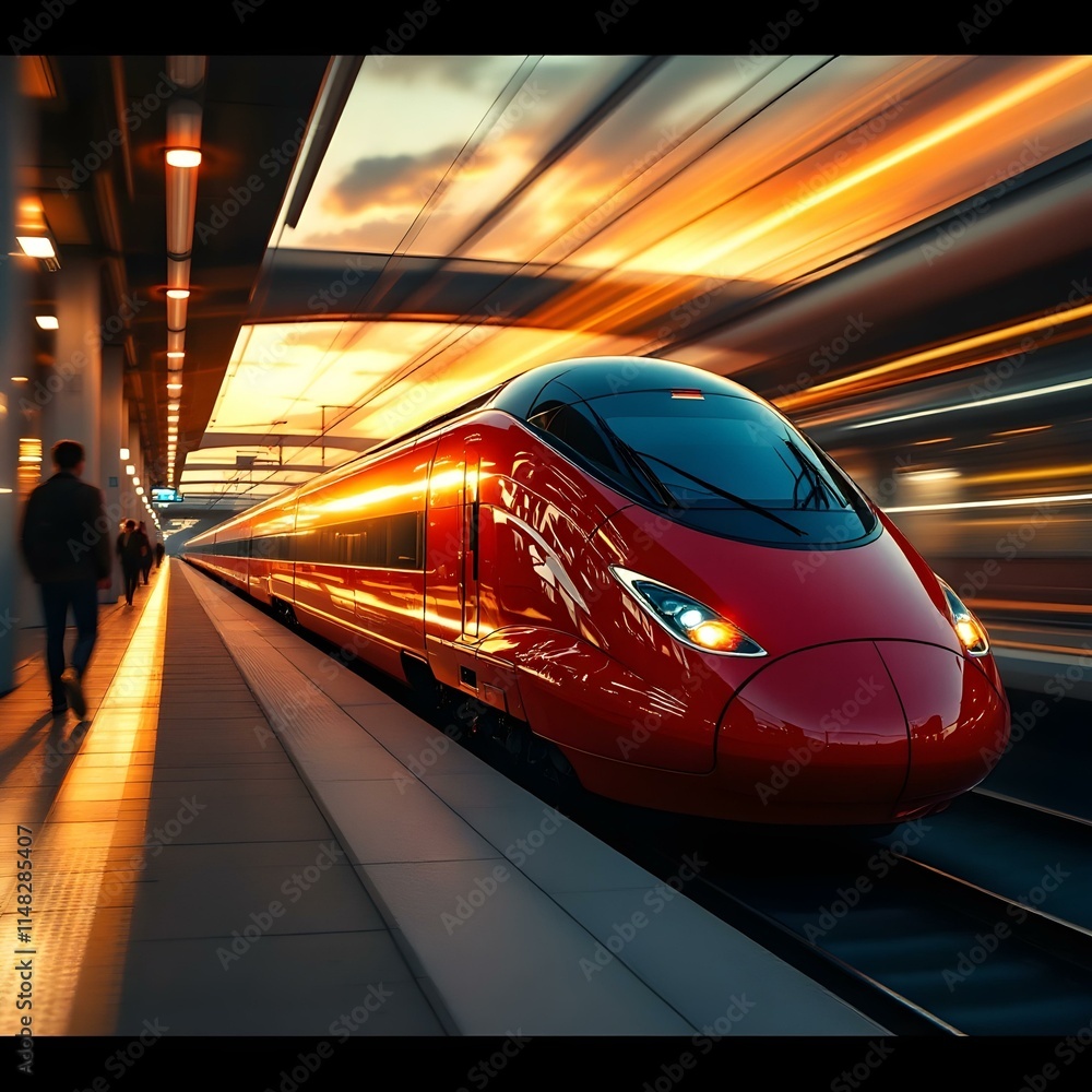 Fototapeta premium High-speed train, sleek red design, train station platform