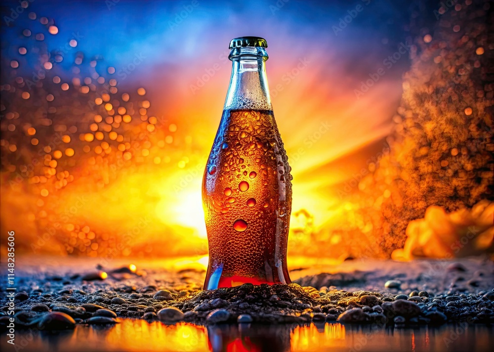A backlit soda bottle silhouette, showcasing sparkling bubbles and frothy foam, evokes a refreshing summer drink. A backlit soda bottle silhouette, showcasing sparkling bubbles and frothy foam, evokes a refreshing summer drink.