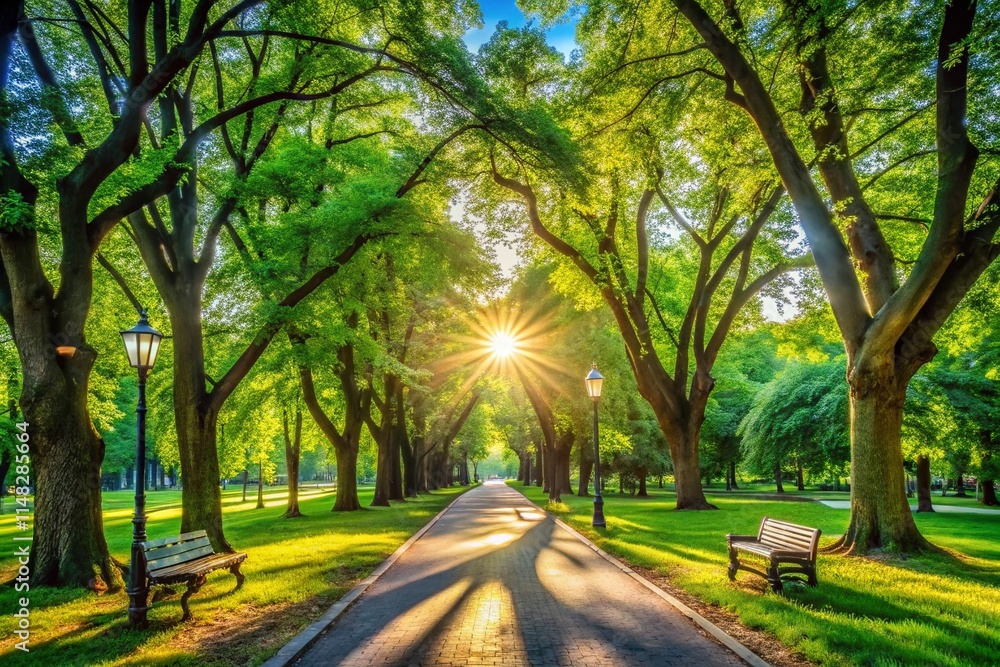 Panoramic Summer Park Walkway: Shady Tree-Lined Path, Lush Greenery, Scenic Vista Panoramic Summer Park Walkway: Shady Tree-Lined Path, Lush Greenery, Scenic Vista