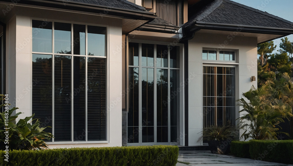 Exterior view of a modern home's facade featuring white walls, dark grey roof, and large multi-paned windows. Landscaping includes green shrubs. Evening light is visible. Exterior view of a modern home's facade featuring white walls, dark grey roof, and large multi-paned windows. Landscaping includes green shrubs. Evening light is visible.