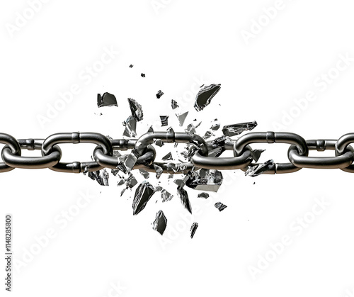 Dramatic image of a breaking  metal chain with shattered pieces in motion, symbolizing freedom, strength, and breaking limitations, on isolated transparent background png


