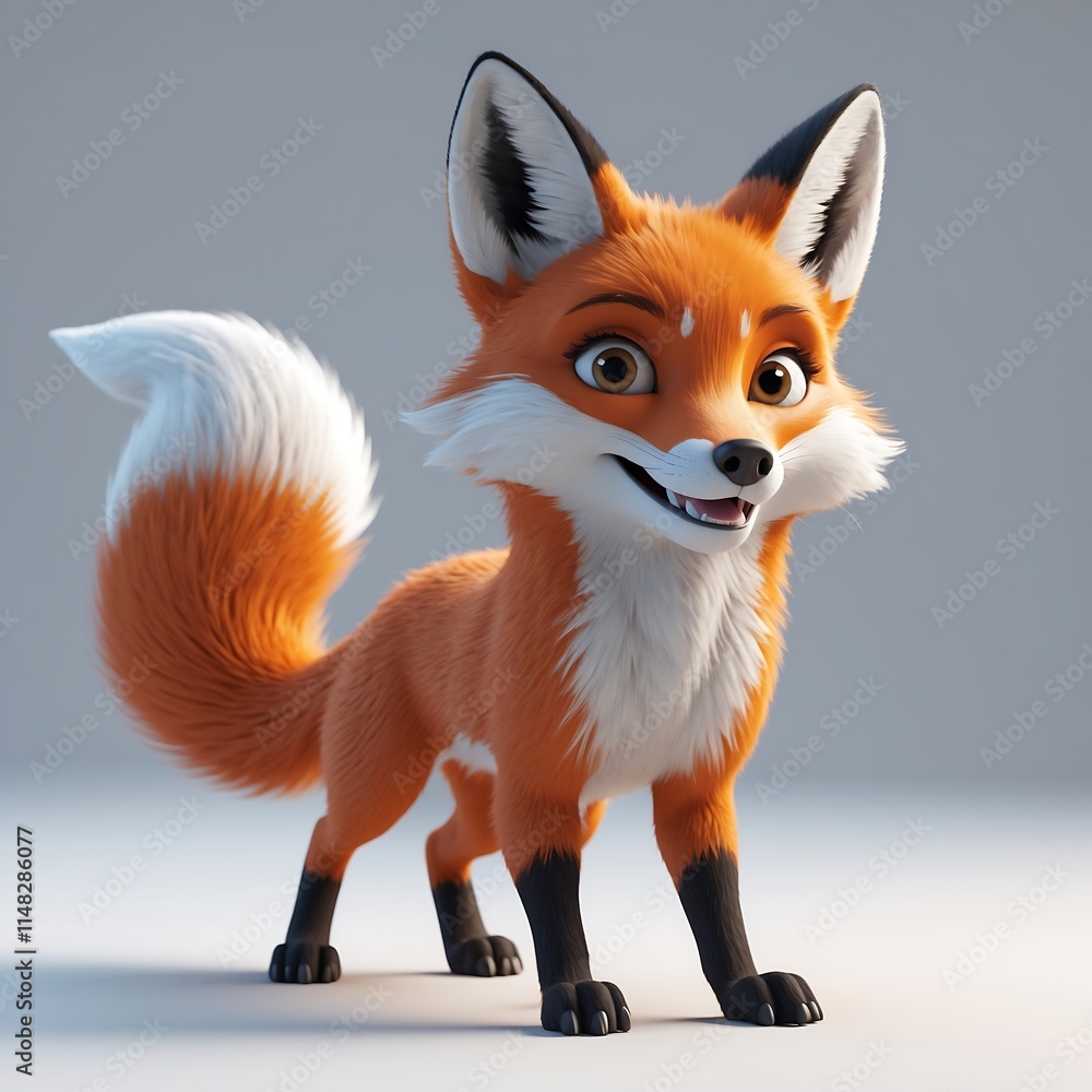 Obraz premium Adorable 3D Render of a Playful Red Fox with a Fluffy Tail, Standing on a Light Gray Background