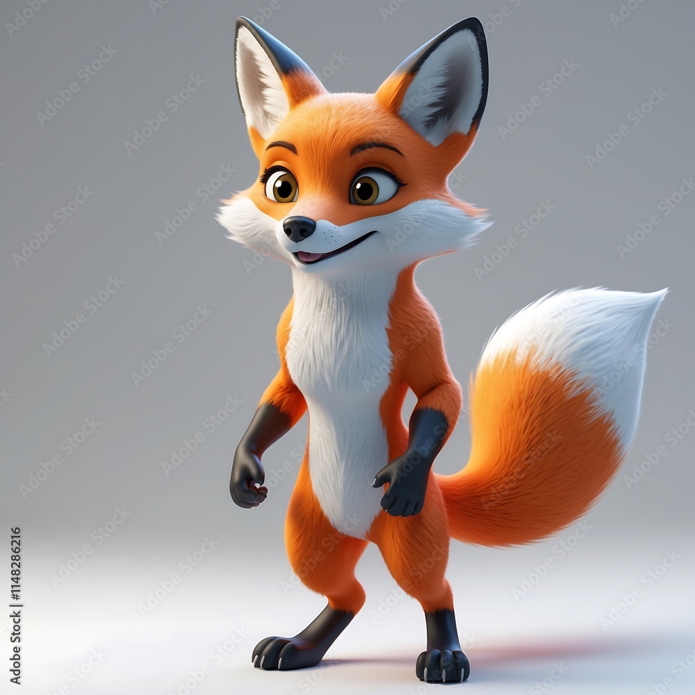 Obraz premium Adorable 3D Render of a Cartoon Fox Standing Gracefully Against a Neutral Background