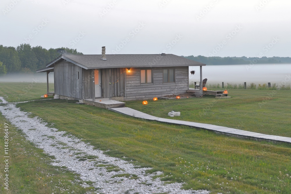 Serene foggy morning at a rustic cabin countryside photography tranquil setting wide angle nature's serenity Serene foggy morning at a rustic cabin countryside photography tranquil setting wide angle nature's serenity