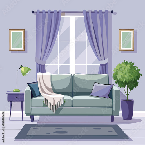 Elegant living room with big comfortable grey couch with olive green pillows and violet blanket in the middle of stylish living room with heater in pots and lilac curtainsPrint