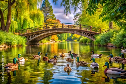 Panoramic View: Ducks on Bridge, Scenic Pond, Wildlife Photography, Nature, Birds, Peaceful Landscape