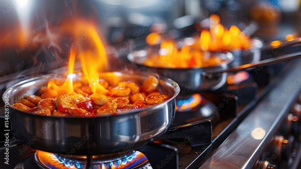 Cooking delicious meals with vivid flames on a modern kitchen stove Cooking delicious meals with vivid flames on a modern kitchen stove