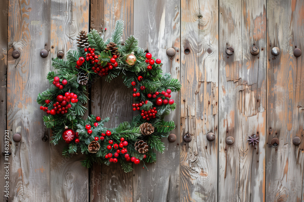 Naklejka premium A wreath made of pine branches, berries, and ornaments hanging on a rustic wooden door.