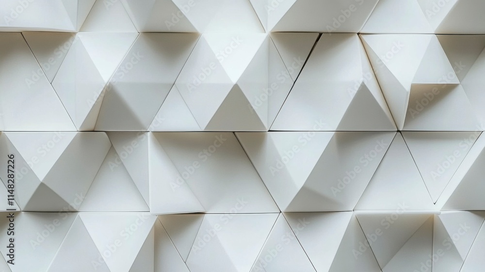 Fototapeta premium Seamless pattern of white 3D-rendered triangle tiles, arranged neatly for a fresh, modern look with intricate depth and minimalistic design elements