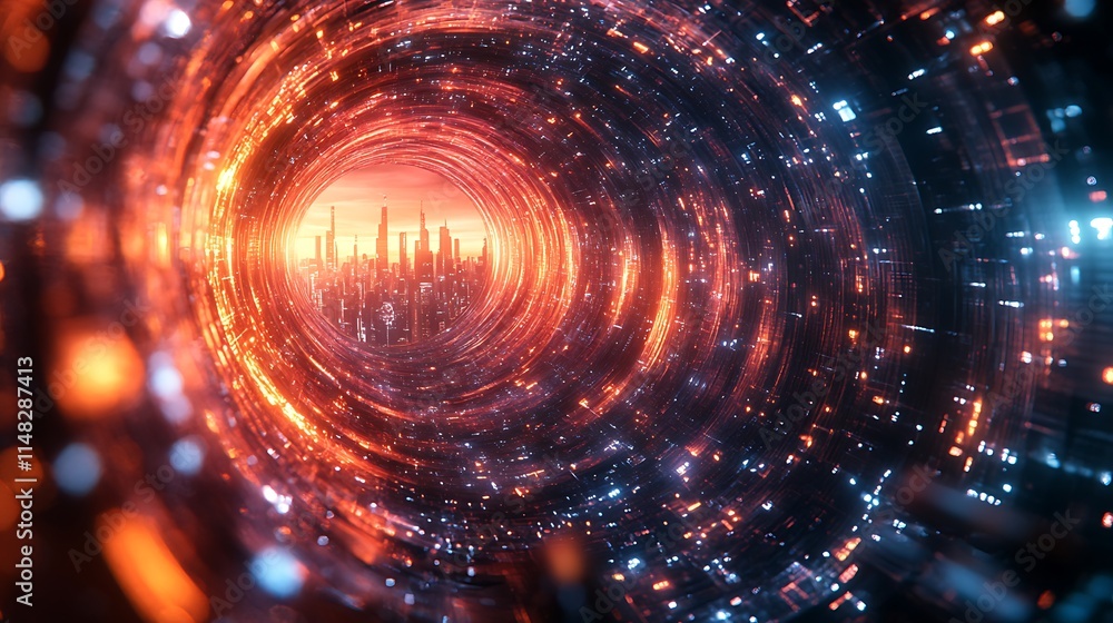 Fototapeta premium Futuristic Cityscape Viewed Through A Glowing Portal