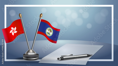 Hong Kong and Belize National flags on small table with bokeh background, cooperative relationship