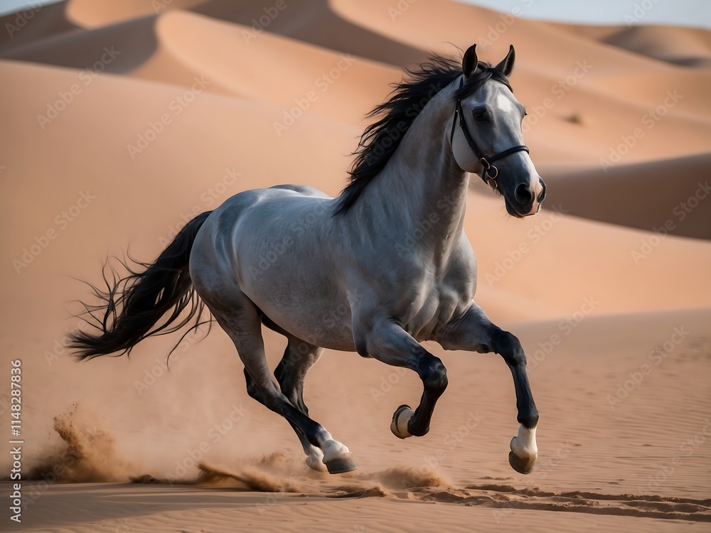 Obraz premium Majestic Grey Arabian Horse Galloping Across the Golden Sands of the Desert at Sunset