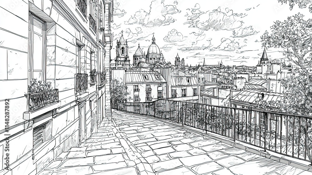 Obraz premium A detailed line drawing of a scenic cityscape with rooftops and distant domes.