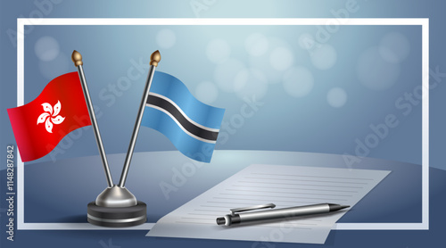Hong Kong and Botswana National flags on small table with bokeh background, cooperative relationship