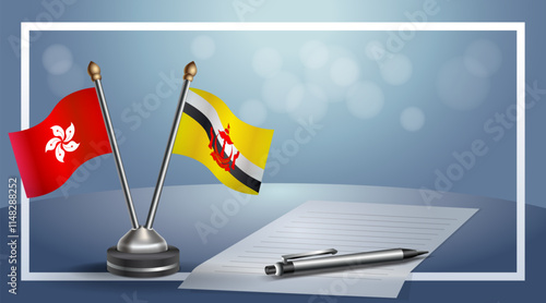 Hong Kong and Brunei National flags on small table with bokeh background, cooperative relationship