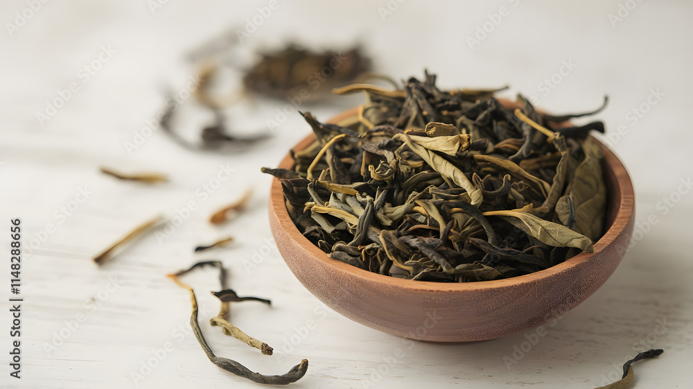 Fototapeta premium A photo of tea leaves in a white background.