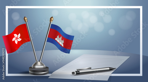 Hong Kong and Cambodia National flags on small table with bokeh background, cooperative relationship