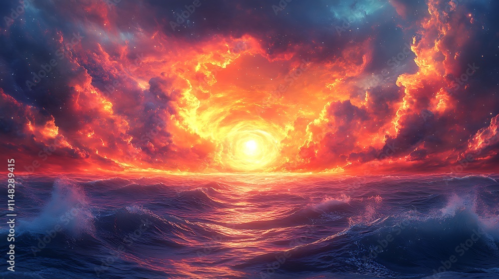 Obraz premium Fiery Sunset Over a Dramatic Ocean Wavescape