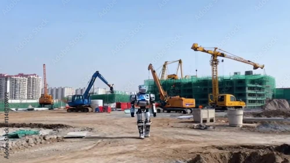 Robot walking at building construction site Robot walking at building construction site