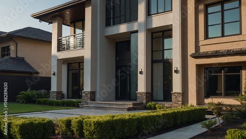 Wallpaper Mural Modern luxury home with beige stucco exterior, large windows, and landscaped front yard.  Features a multi-level design with a balcony and stone accents.  Adjacent home partially visible. Torontodigital.ca