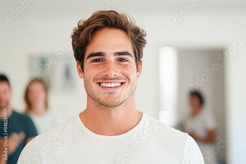 Cheerful young man bright room portrait photography indoor setting direct view positive vibes