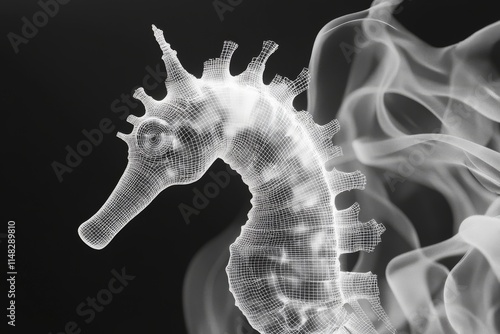 A digital wireframe seahorse with swirling abstract smoke on a black background, showcasing modern digital art. photo