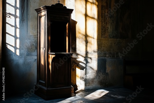 A wooden cabinet with a window in it. The window is letting in sunlight. The room is dark and the cabinet is the only source of light