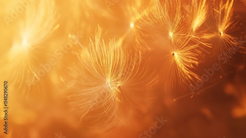 A mesmerizing close-up of glowing dandelion seeds in soft golden light, creating a dreamy and serene atmosphere for nature lovers and photographers.