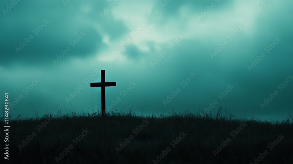 A cross is standing in a field of tall grass. The sky is cloudy and the grass is tall A cross is standing in a field of tall grass. The sky is cloudy and the grass is tall