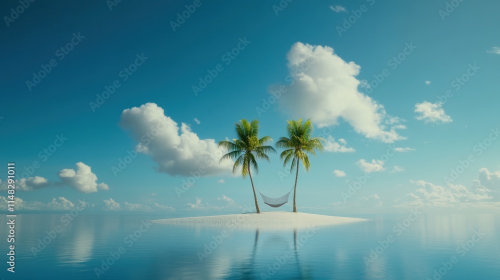 Fototapeta premium Serene hammock between palm trees on a secluded tropical island.