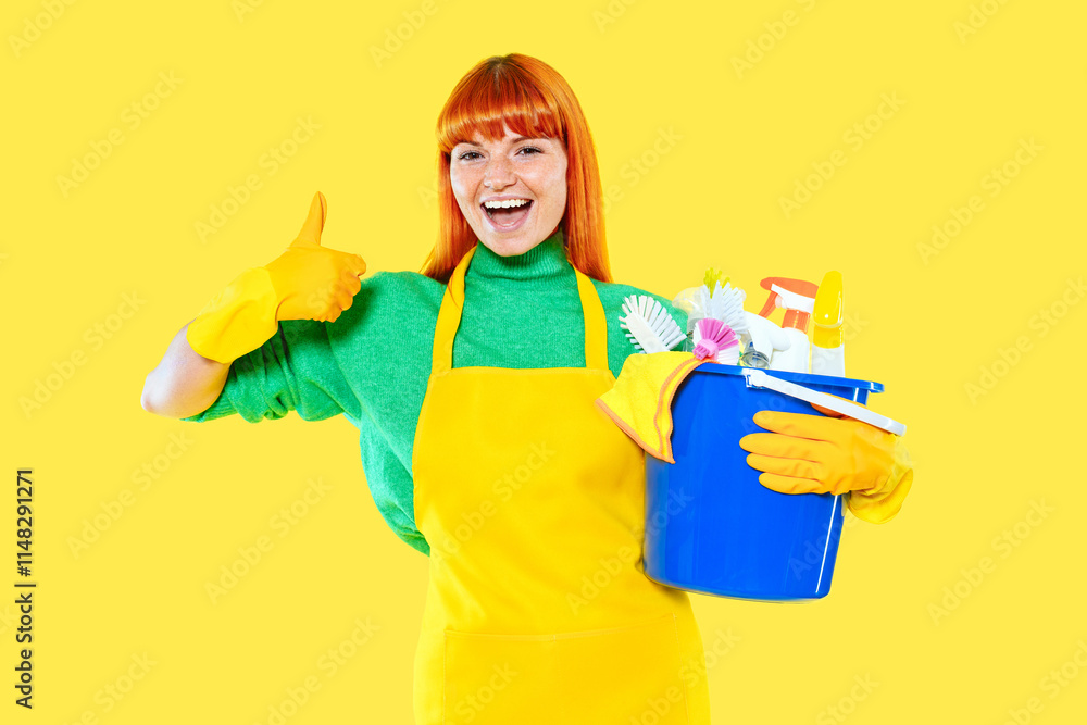 Cheerful woman holds cleaning supplies and shows thumbs up against bright yellow background Cheerful woman holds cleaning supplies and shows thumbs up against bright yellow background