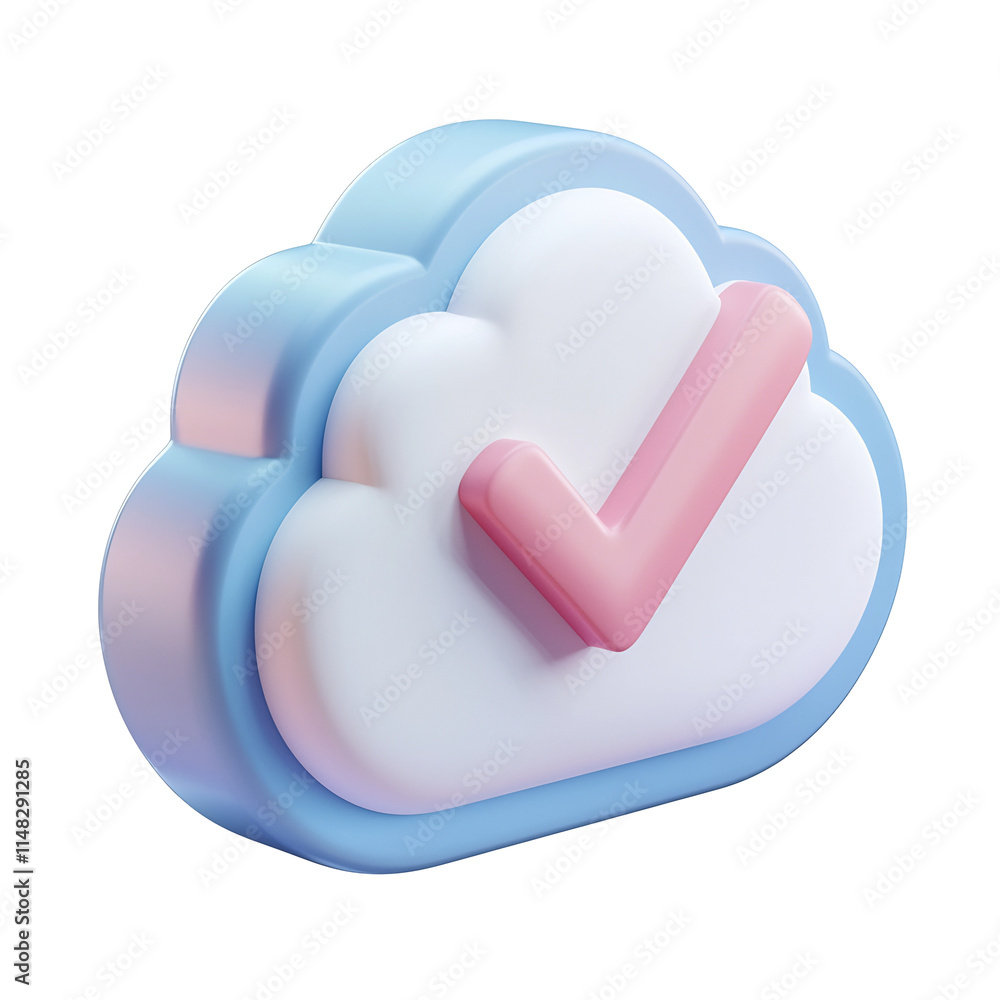 3D Cartoon Cloud Icon with Checkmark on White Background 3D Cartoon Cloud Icon with Checkmark on White Background