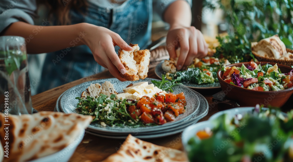 A woman takes a piece of bread from a table filled with a variety of healthy dishes. The atmosphere is casual but cozy A woman takes a piece of bread from a table filled with a variety of healthy dishes. The atmosphere is casual but cozy