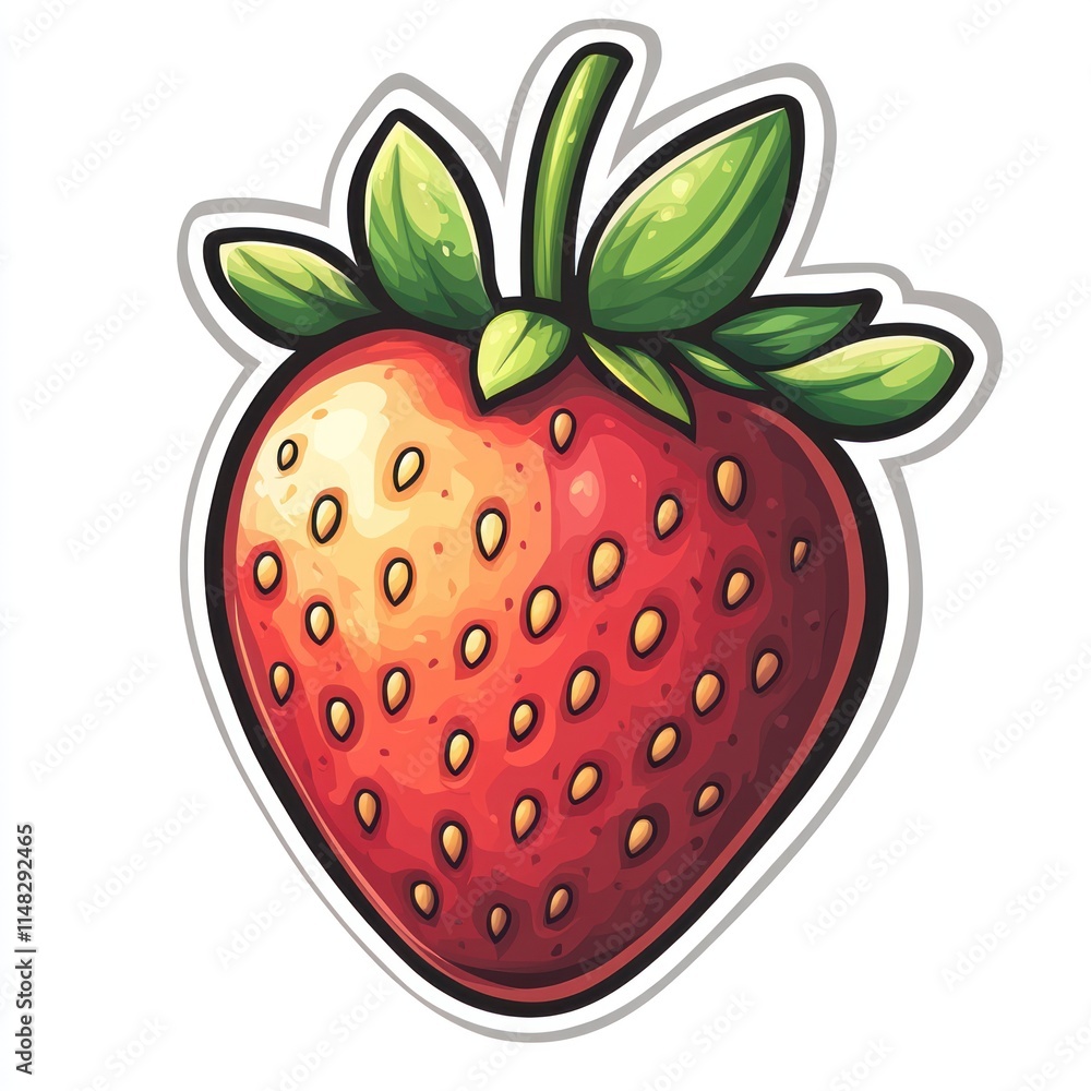 Obraz premium Single ripe red strawberry with green leaves. (1)