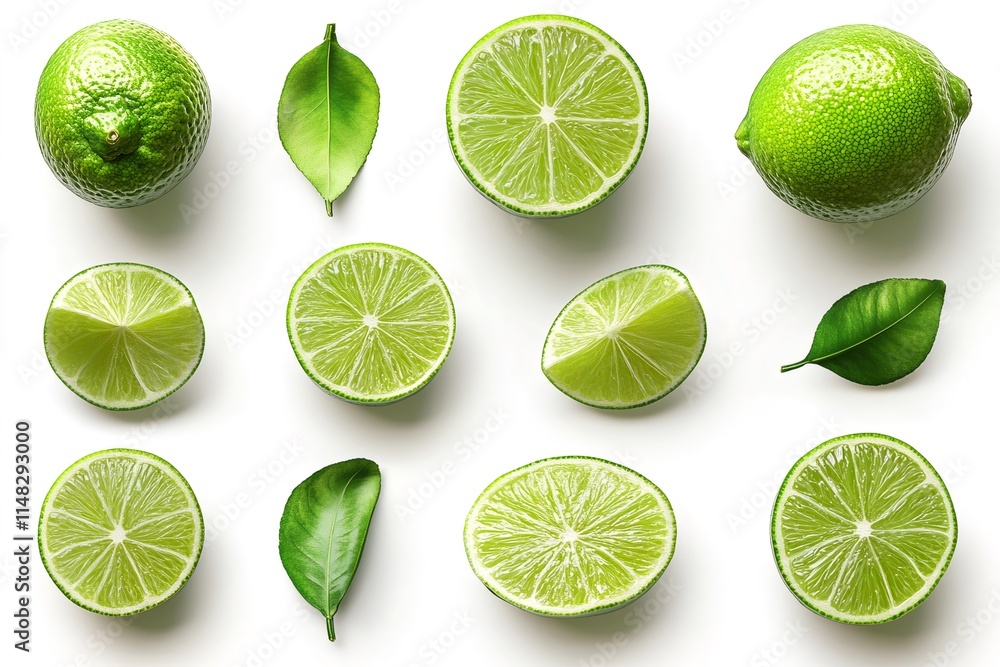 Fresh limes and slices with leaves arranged on white background Fresh limes and slices with leaves arranged on white background