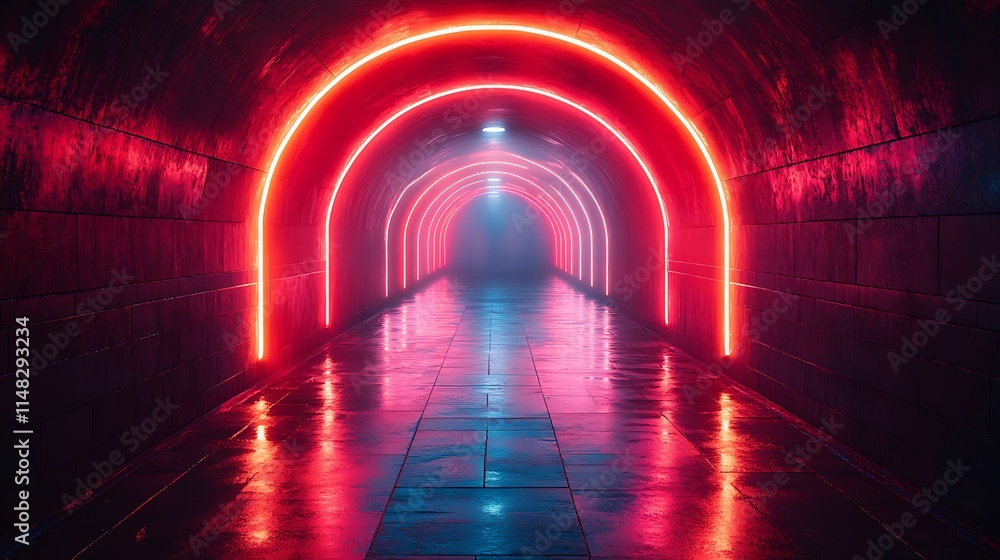 Neon Lit Arched Tunnel Pathway With Red And Blue Lighting Neon Lit Arched Tunnel Pathway With Red And Blue Lighting
