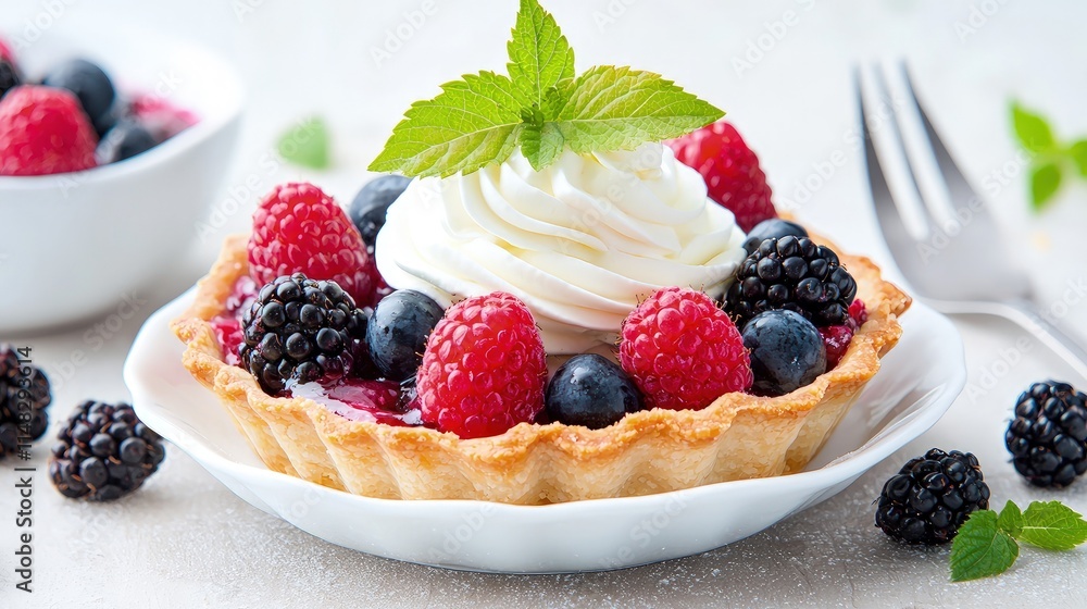 Delicious berry tart with whipped cream and mint. Delicious berry tart with whipped cream and mint.