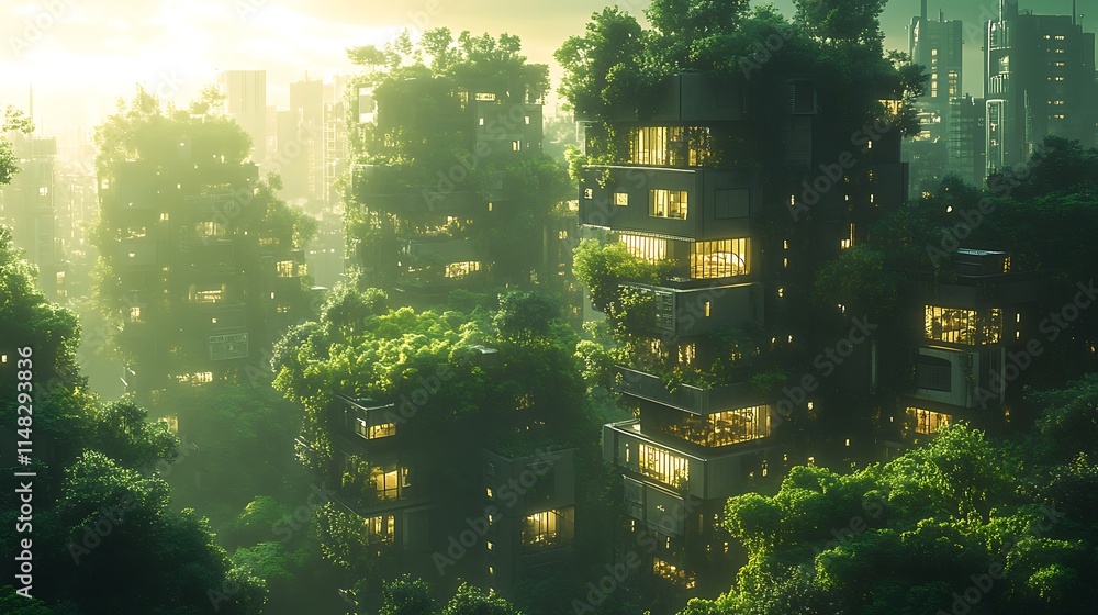 Futuristic City Buildings Overgrown With Lush Green Trees