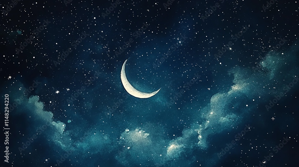 Watercolor abstract art of a night sky filled with stars and a crescent moon.--ar 16:9 Watercolor abstract art of a night sky filled with stars and a crescent moon.--ar 16:9