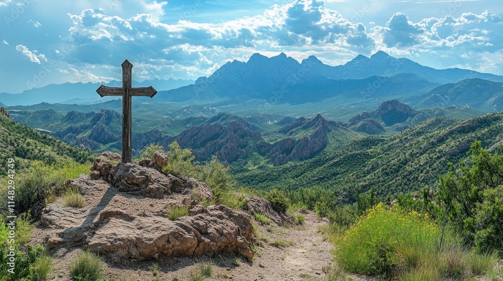 Large wooden cross standing on a mountain peak overlooking misty valley Large wooden cross standing on a mountain peak overlooking misty valley