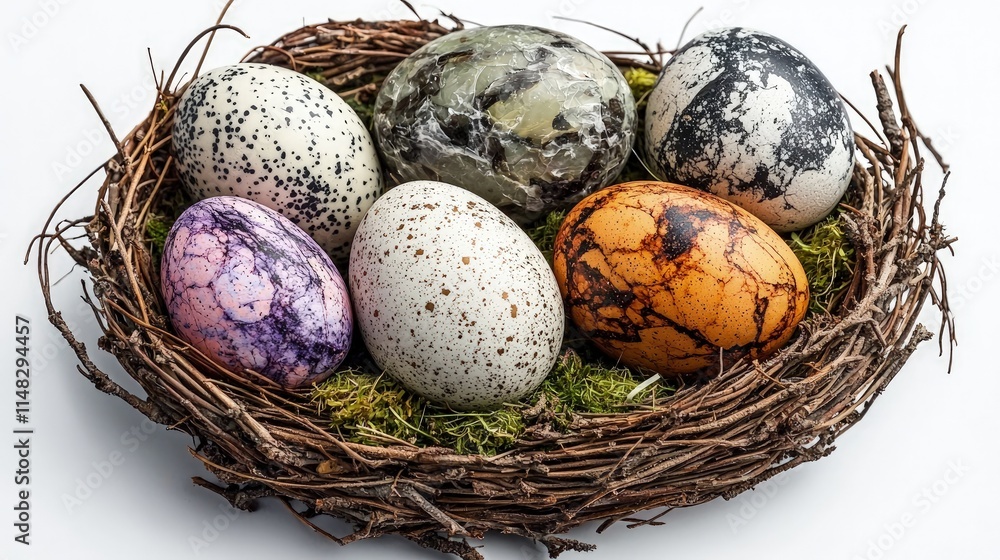 Six decorative eggs in a bird's nest. Six decorative eggs in a bird's nest.
