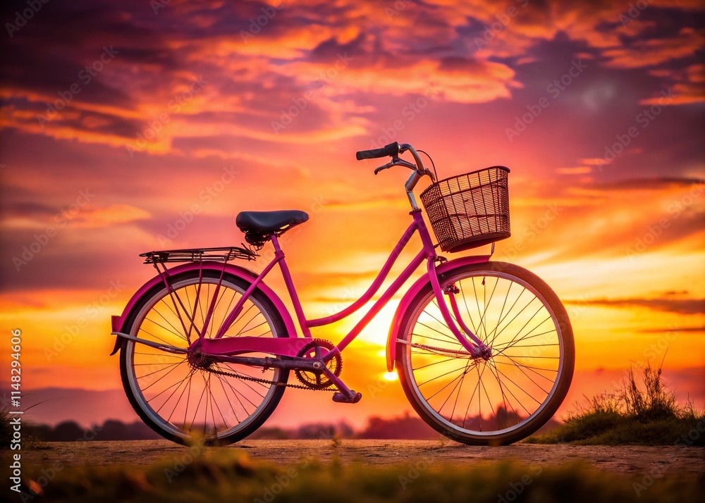 Fototapeta premium Pink Bike Silhouette with Basket, Sunset Silhouette Cycling, Bicycle Silhouette Photography, Pink Bicycle Basket Silhouette