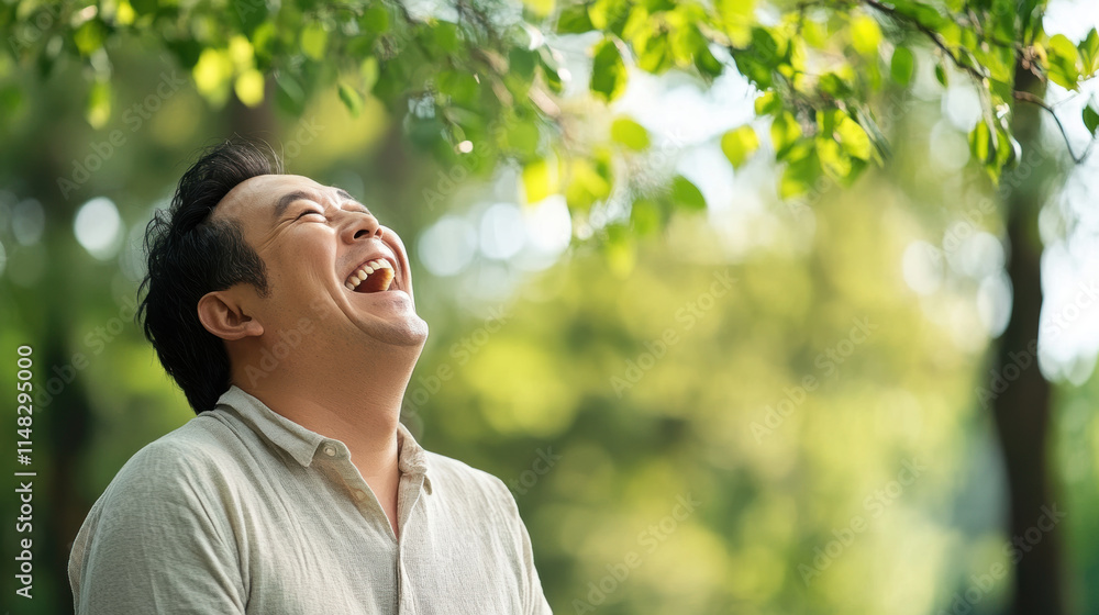 Joyful man laughing heartily in natural outdoor setting Joyful man laughing heartily in natural outdoor setting